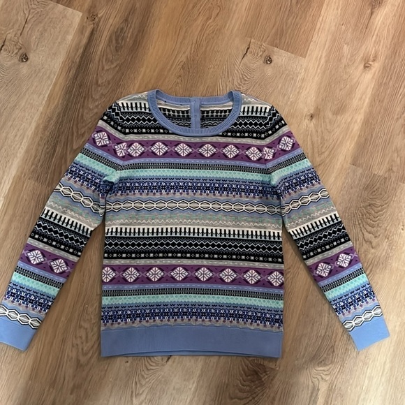 Talbots Lambswool Sweater XS Fair Isle Crewneck Blue Purple Buttons Classic - Picture 2 of 6